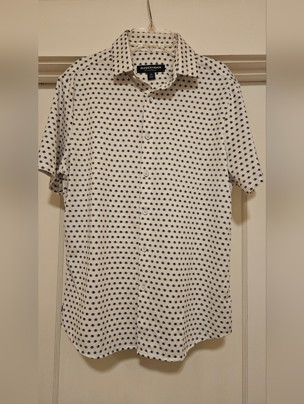 Mizzen+Main Leeward Trim Fit White Short-Sleeve Shirt with Navy Micro Print